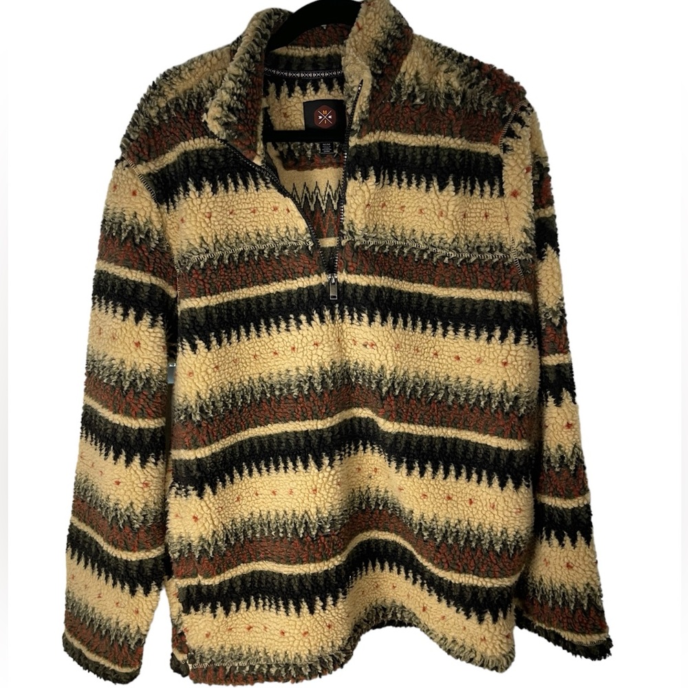 Mountain And Isles Tan Black  Zip Grizzly Sherpa Sweater Mens Med Pullover